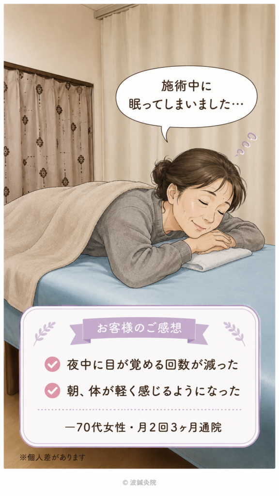 鍼灸院の施術ベッドでリラックスしている50代女性のイラスト。夜中に目が覚める回数が減った・朝体が軽くなったという70代女性の体験談。大阪・波鍼灸院の不眠鍼灸