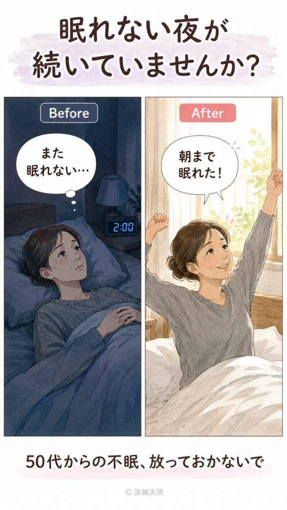 深夜に布団の中で眠れず天井を見つめる50代女性と、鍼灸後に朝すっきり起き上がれるようになった女性のBefore After。大阪市鶴見区・波鍼灸院の不眠改善