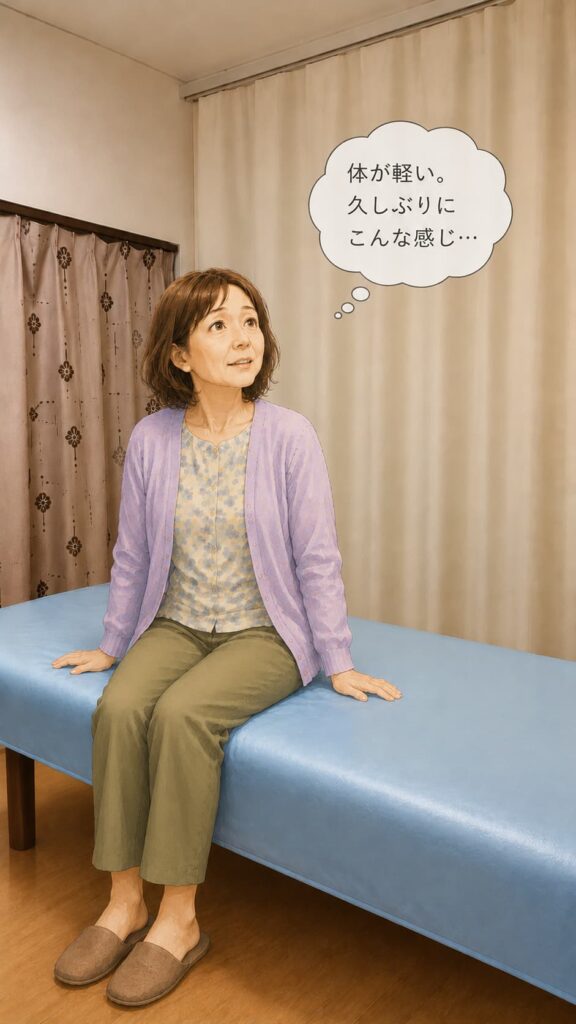 鍼灸院のベッドそばでリラックスしている女性のイラスト