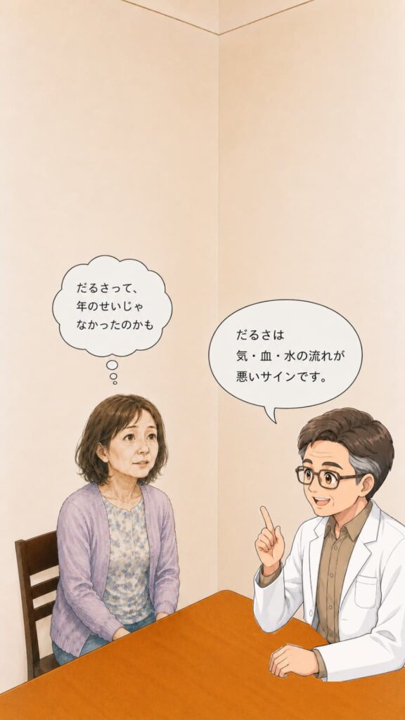 鍼灸師と患者がだるさについて話している漫画イラスト